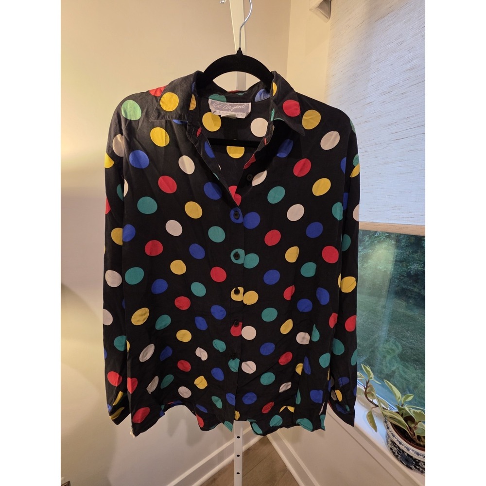 Vintage Pat Argenti Multicolored Polka Dot Blouse 100% Silk M 90s MTV Party